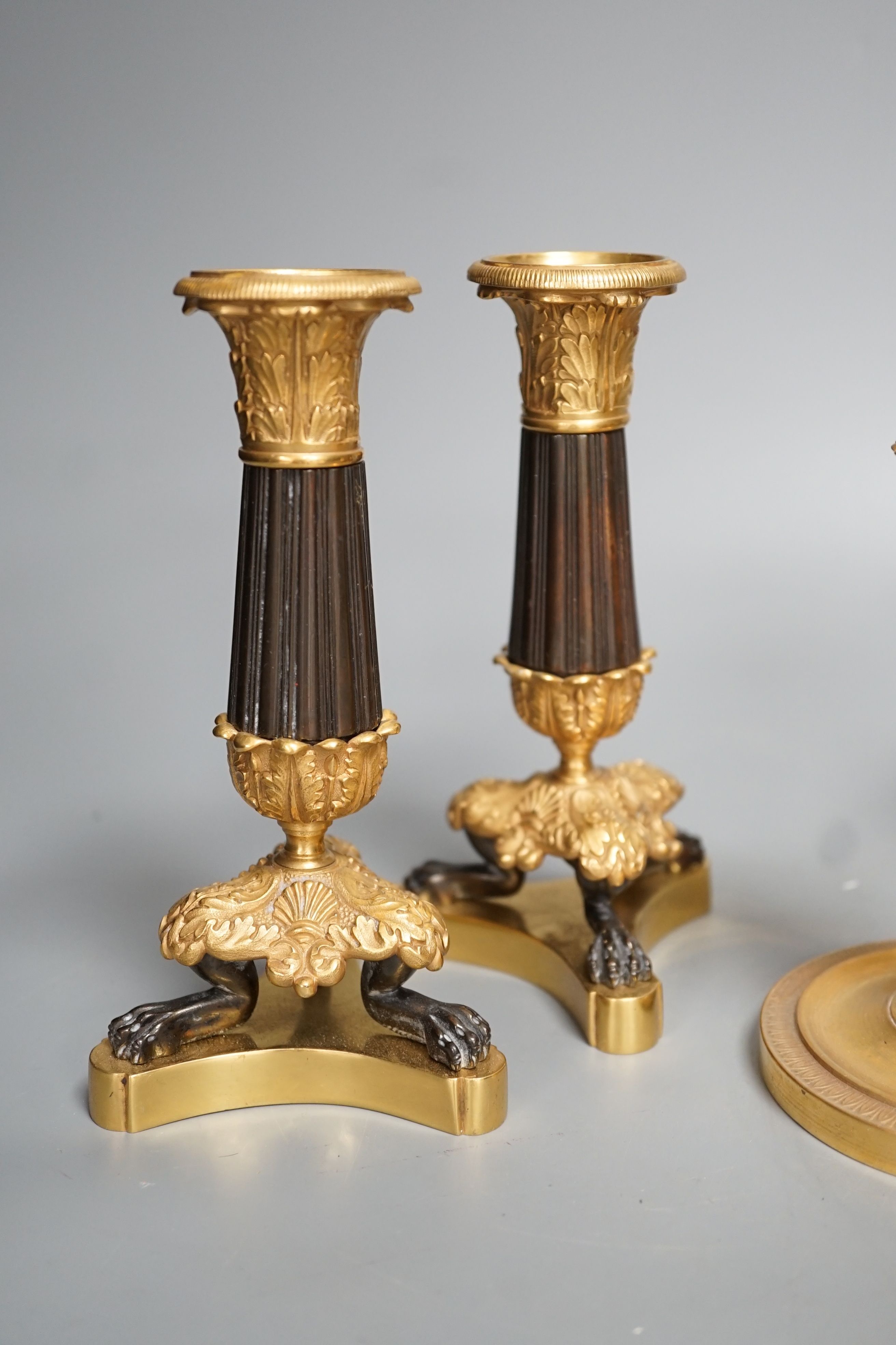 Three pairs of gilt metal candlesticks, tallest 16cm